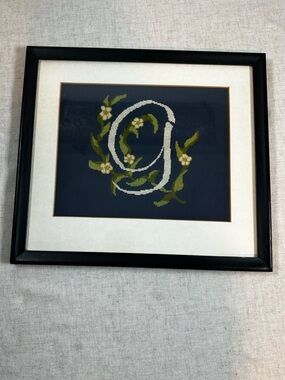 Handmade Vintage Framed Cross-Stitch Initial 'G'